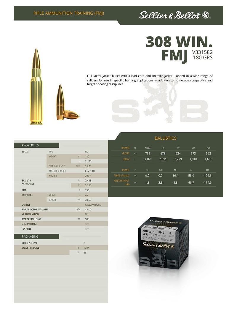 Купить Патрон для нарезного оружия S&B (.308 Win.)(FMJ-2957)(180grs)(11,7г) в Алматы | Казахстан | Корган Центр