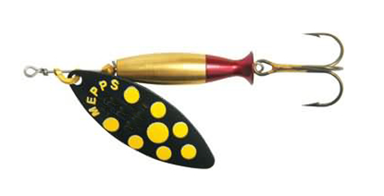 Блесна MEPPS AGLIA LONG HEAVY (black/yellow dots-gold/red) — купить Вертушки в Алматы | KORGAN
