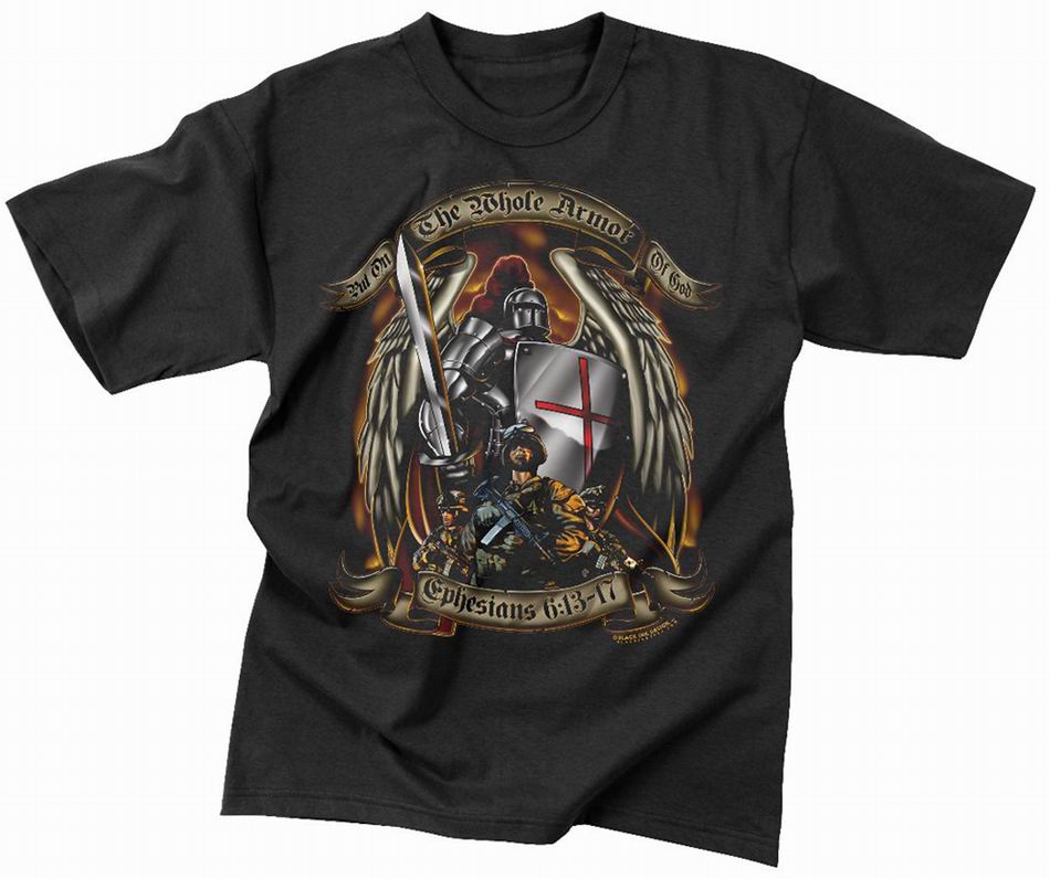 Майка ROTHCO Мод. MILITARY GRAPHIC "PUT ON THE WHOLE ARMOR OF GOD" (короткий рукав)(100% cotton)(Black) — одежда для охоты, рыбалки, туризма и города | KORGAN.KZ