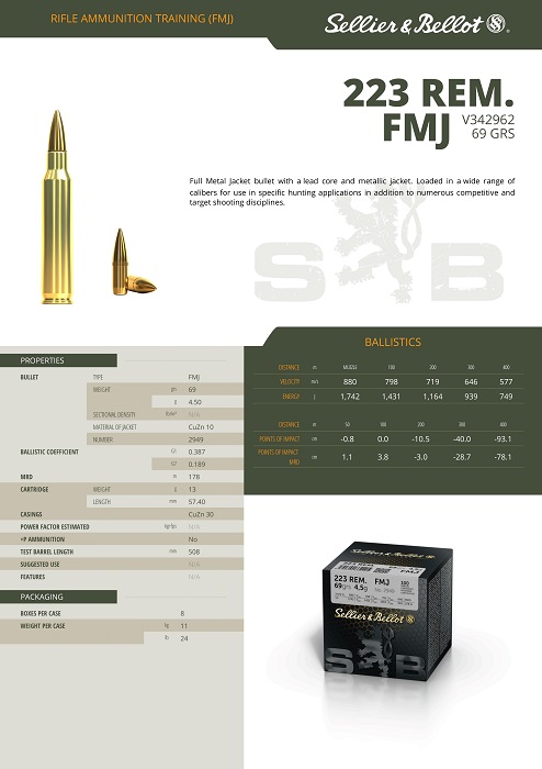 Купить Патрон для нарезного оружия S&B (.223 Rem.)(FMJ-2949)(69grs)(4,5г) в Алматы | Казахстан | Корган Центр